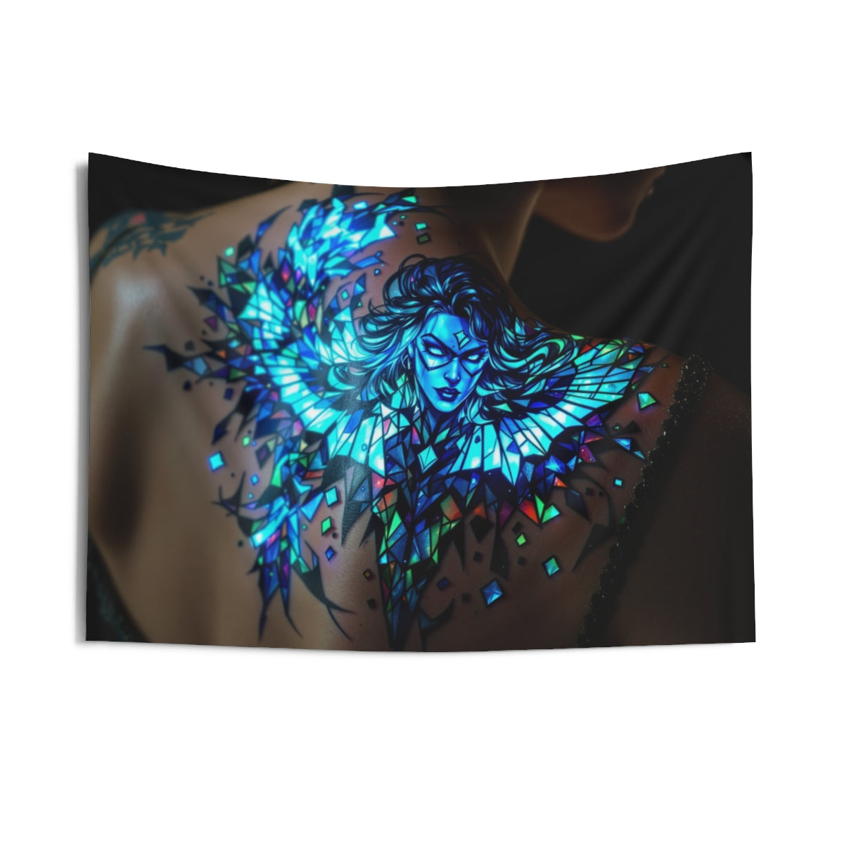 Size: 36" × 26" | Product: Bioluminescent Superhero in Stained Glass Design Wall Tapestry | Category: Unisex