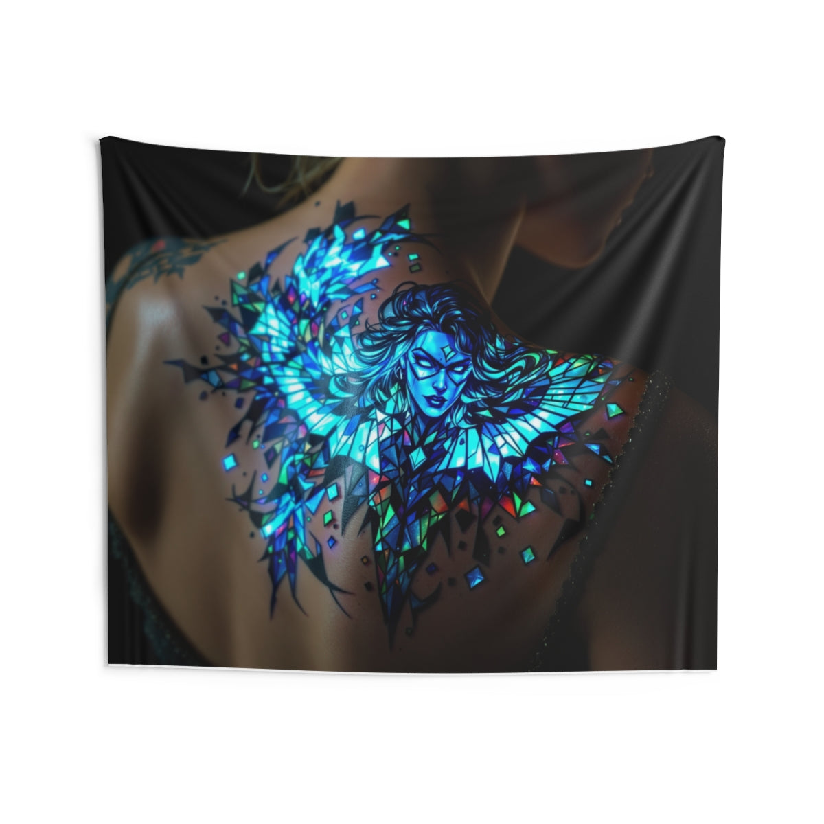 Size: 80" × 68" | Product: Bioluminescent Superhero in Stained Glass Design Wall Tapestry | Category: Unisex