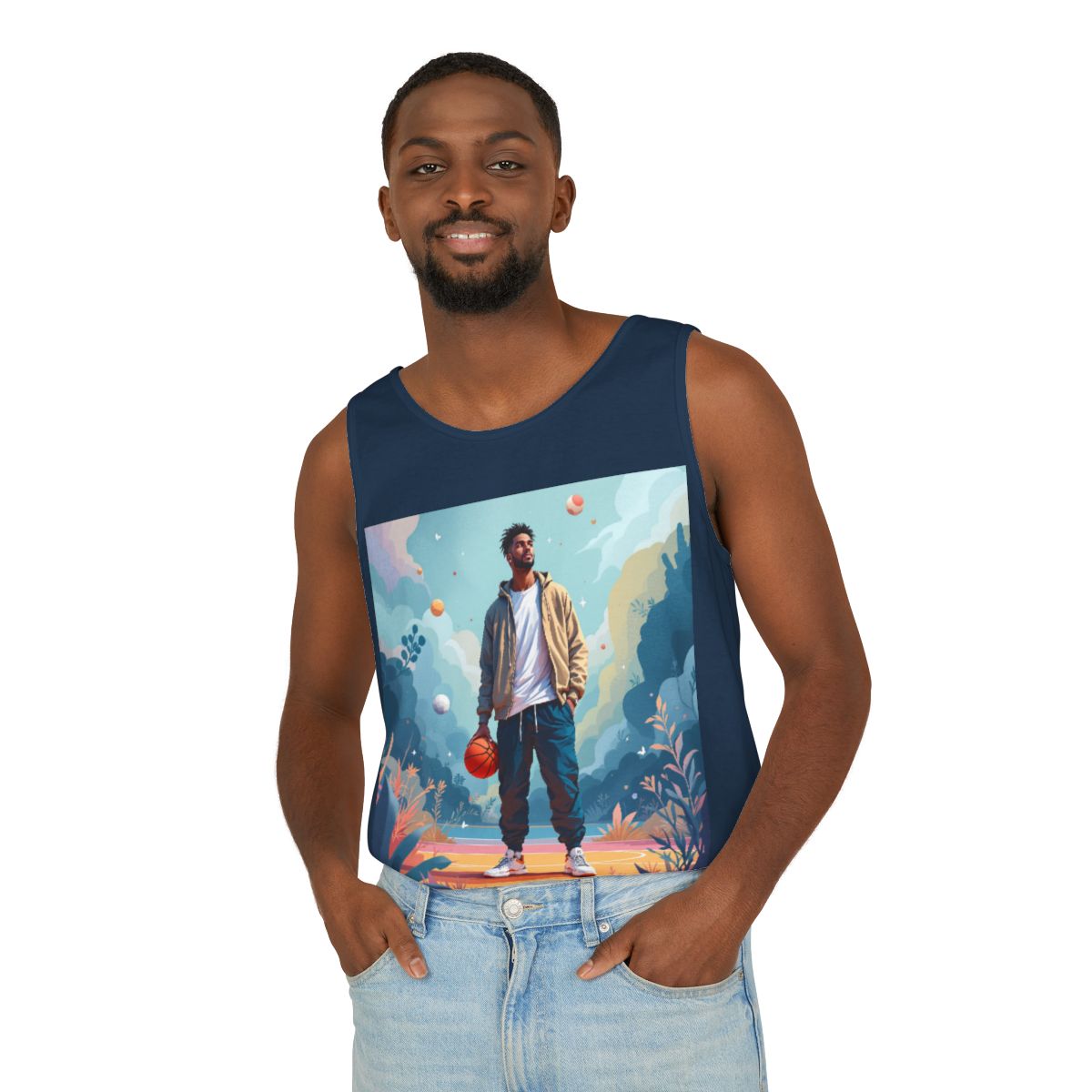 Color: True Navy | Size: S | Product: Mindful Basketball Player Artistic Tanktop | Category: Unisex