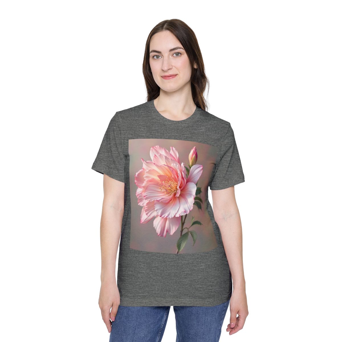 Color: Deep Heather | Size: XS | Product: Photorealistic Flower T-Shirt | Category: Unisex