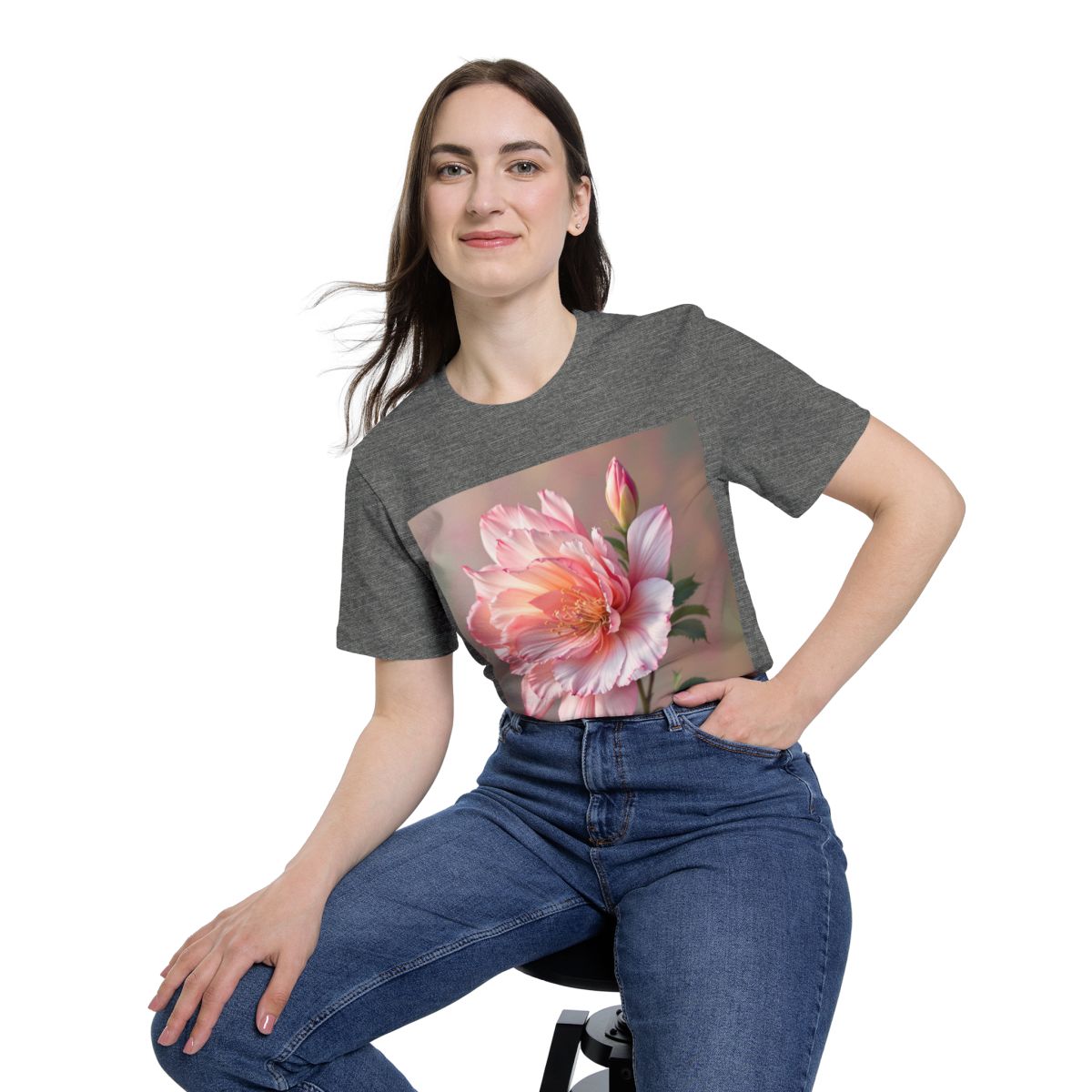 Color: Deep Heather | Size: XS | Product: Photorealistic Flower T-Shirt | Category: Unisex