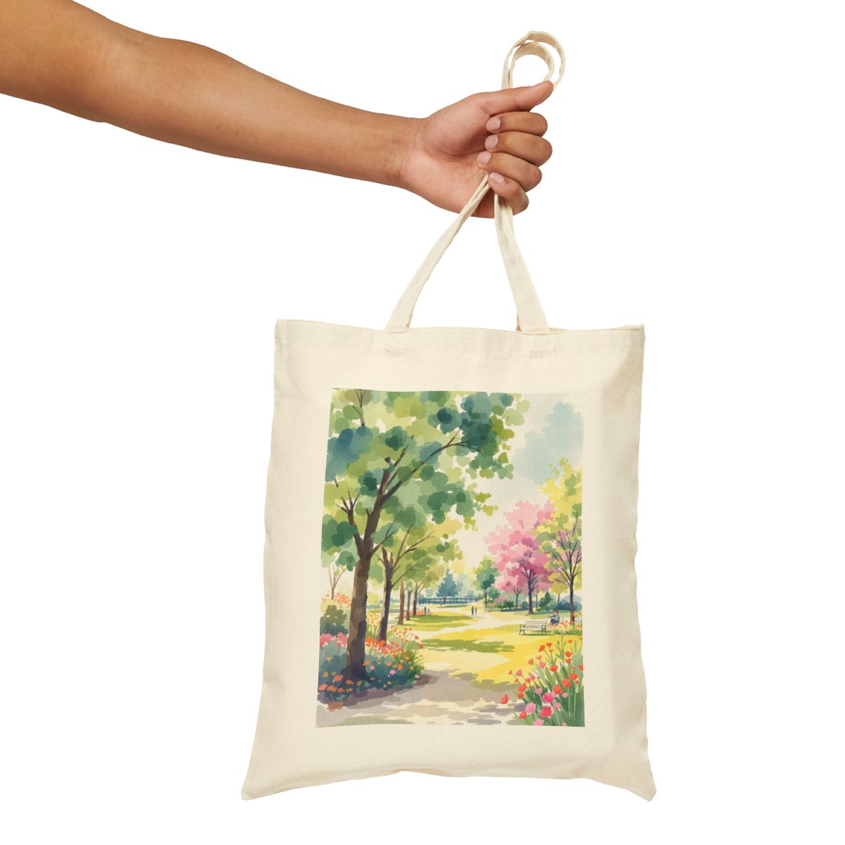 Color: Natural | Size: 15" x 16" | Product: Serene Park Watercolor Tote Bag | Category: Unisex