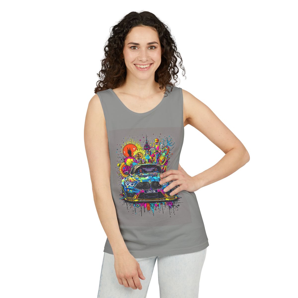 Color: Granite | Size: S | Product: Stylized Car Design Tanktop | Category: Unisex