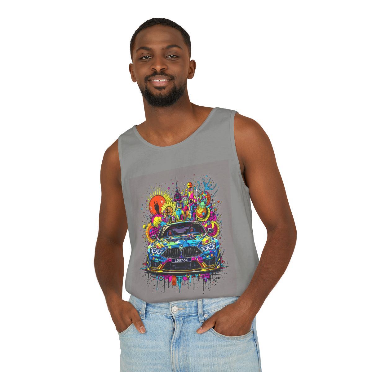 Color: Granite | Size: S | Product: Stylized Car Design Tanktop | Category: Unisex