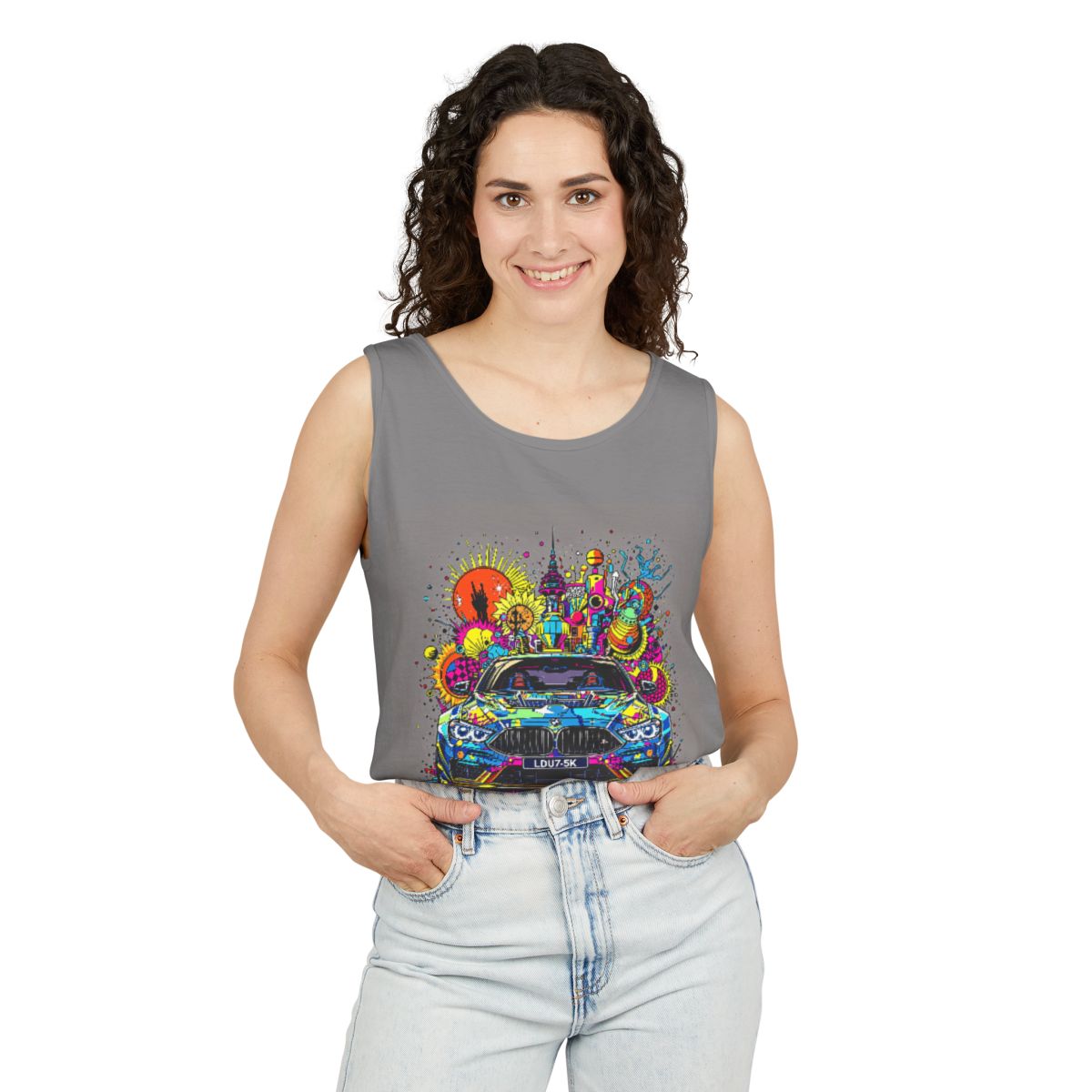 Color: Grey | Size: S | Product: Stylized Car Design Tanktop | Category: Unisex