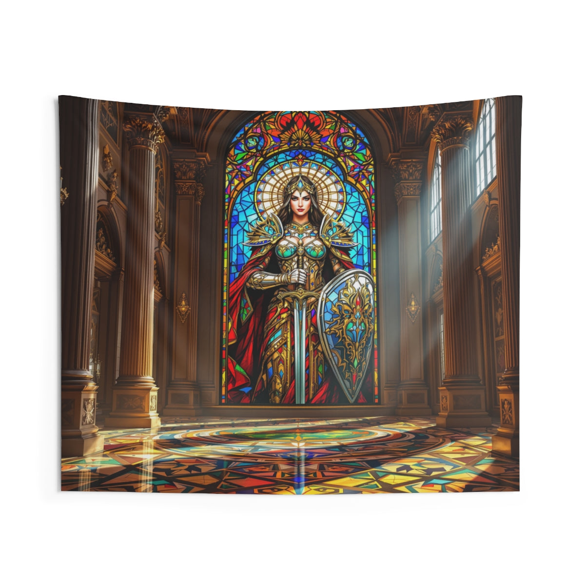 Size: 60" × 50" | Product: Warrior Woman Stained Glass Wall Tapestry | Category: Unisex