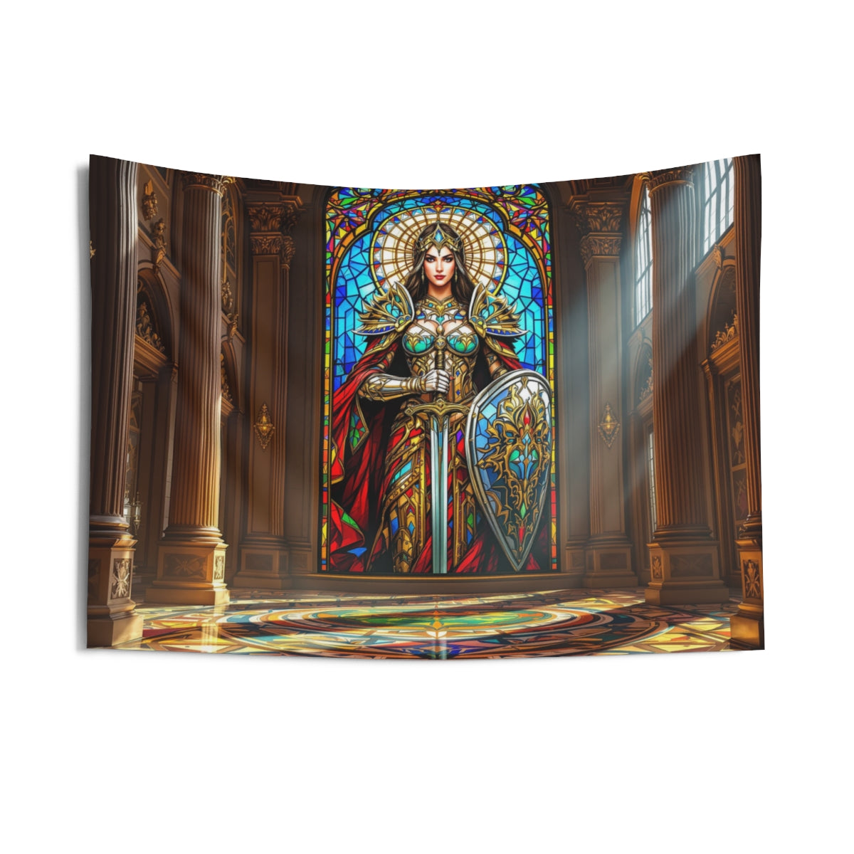 Size: 36" × 26" | Product: Warrior Woman Stained Glass Wall Tapestry | Category: Unisex