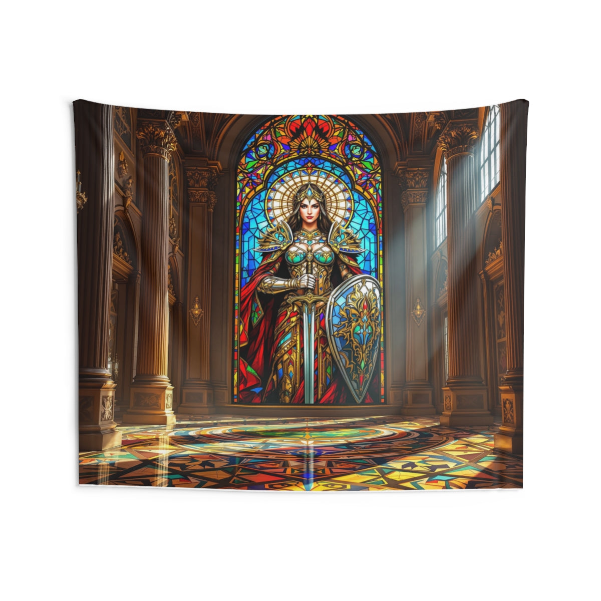 Size: 80" × 68" | Product: Warrior Woman Stained Glass Wall Tapestry | Category: Unisex