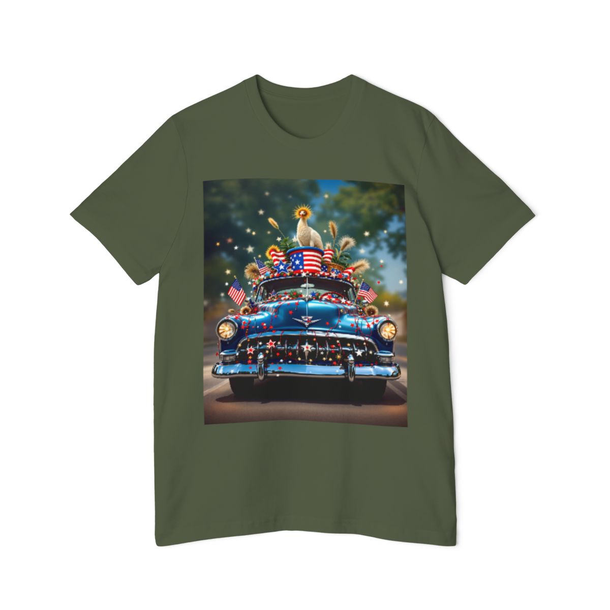Color: Military Green | Size: XS | Product: 4th July Car Photorealistic T-Shirt | Category: Unisex