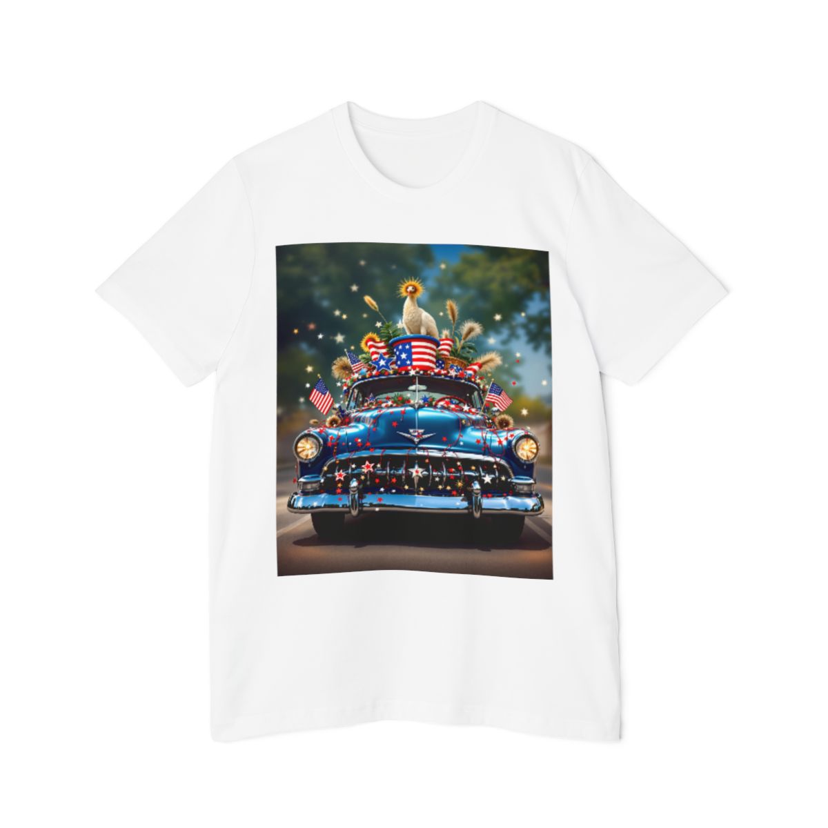 Color: White | Size: XS | Product: 4th July Car Photorealistic T-Shirt | Category: Unisex