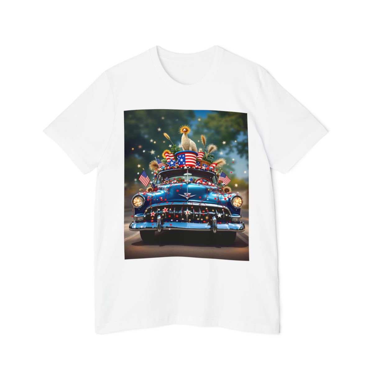 Color: White | Size: XS | Product: 4th July Car Photorealistic T-Shirt | Category: Unisex