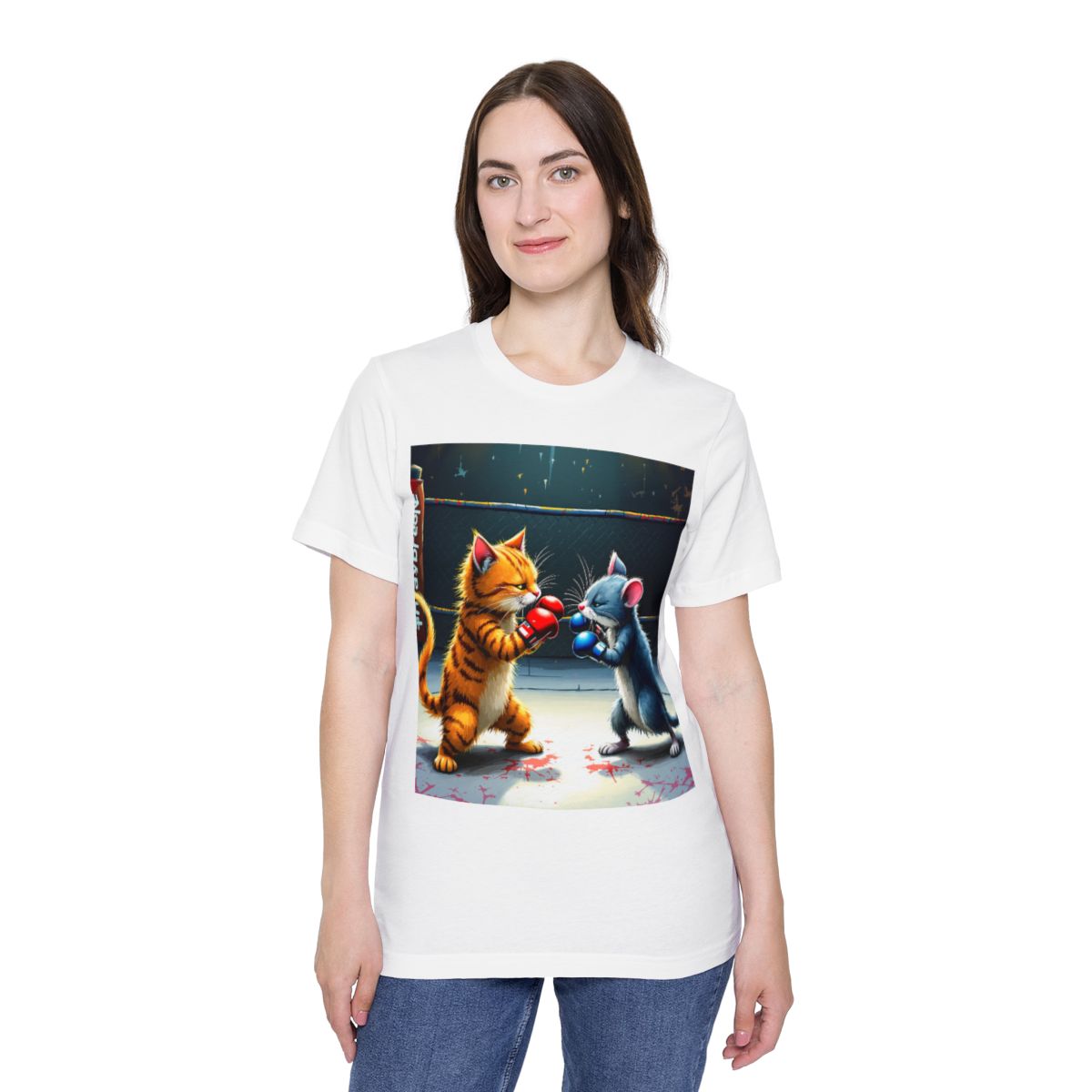 Color: White | Size: XS | Product: Cat and Mouse Boxing Fun T-Shirt | Category: Unisex