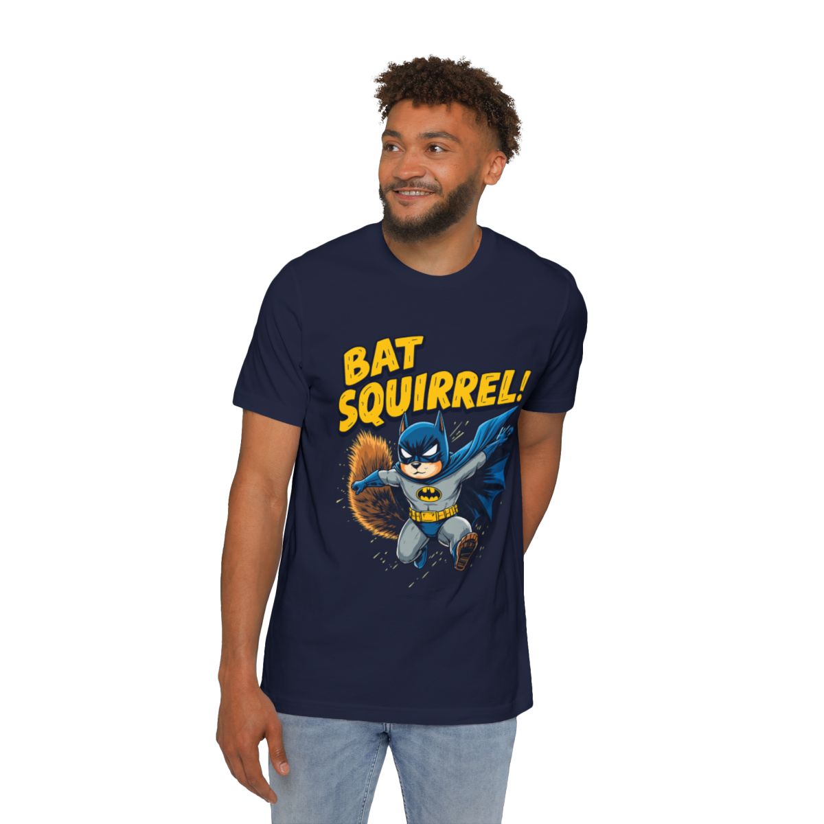 Color: Navy | dynamic-batman-and-squirrel-fusion-retro-t-shirt