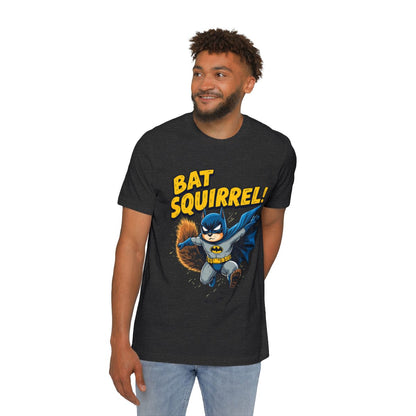 Color: Dark Grey Heather | dynamic-batman-and-squirrel-fusion-retro-t-shirt