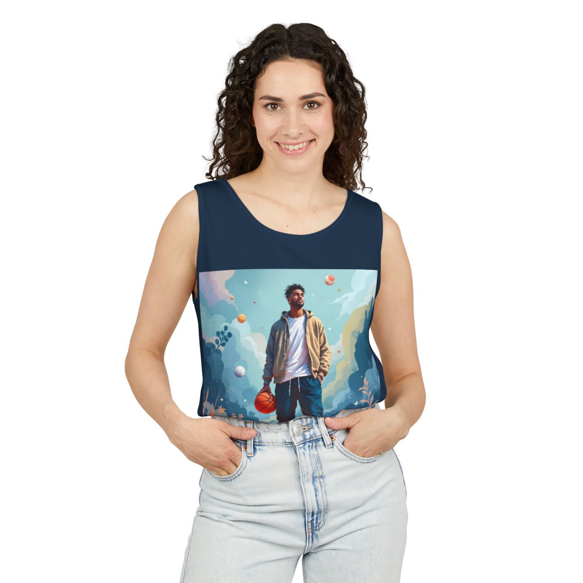 Color: True Navy | Size: S | Product: Mindful Basketball Player Artistic Tanktop | Category: Unisex