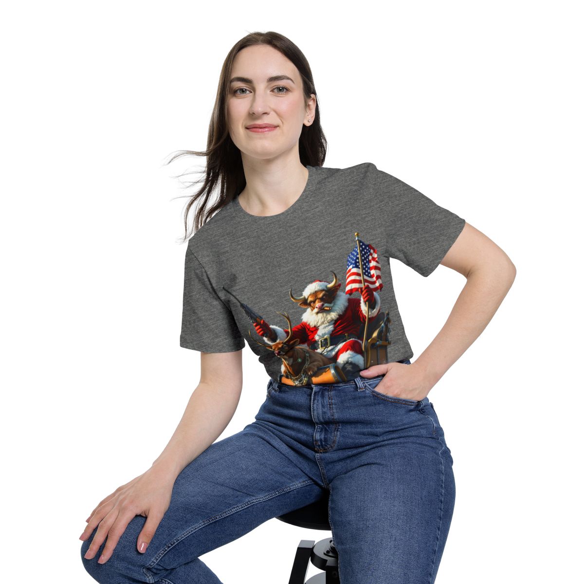 Color: Deep Heather | Size: XS | Product: Patriotic Santa Bull Vector T-Shirt | Category: Unisex