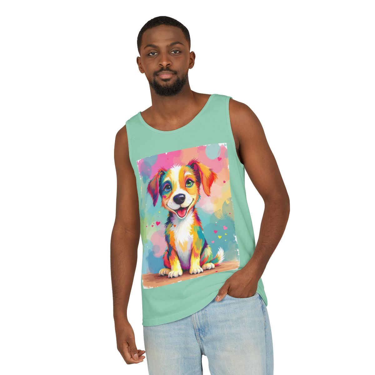 Color: Island Reef | Size: XS | Product: Playful Dog Illustration Tanktop | Category: Unisex