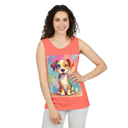 Color: Neon Red Orange | Size: XS | Product: Playful Dog Illustration Tanktop | Category: Unisex