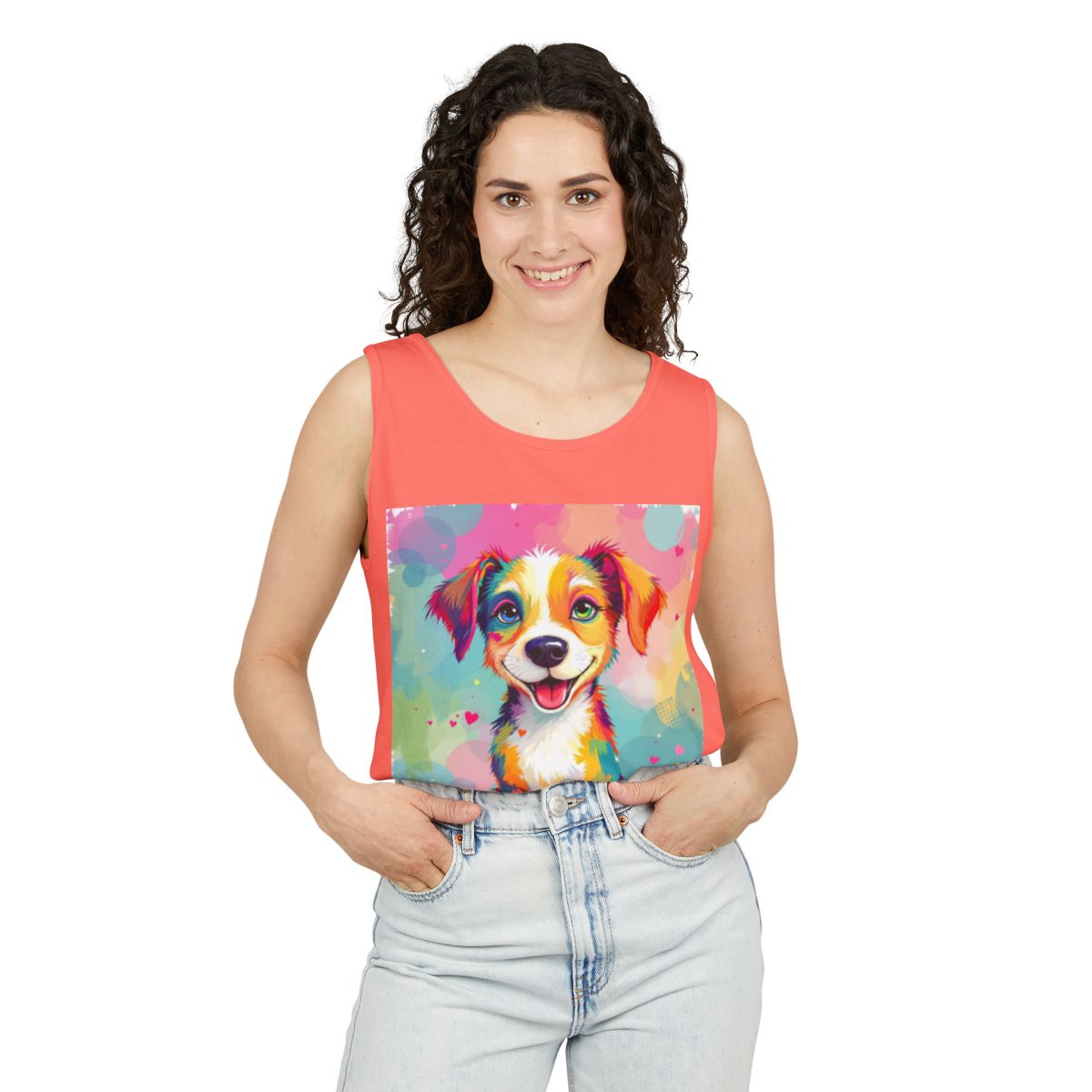 Color: Neon Red Orange | Size: XS | Product: Playful Dog Illustration Tanktop | Category: Unisex