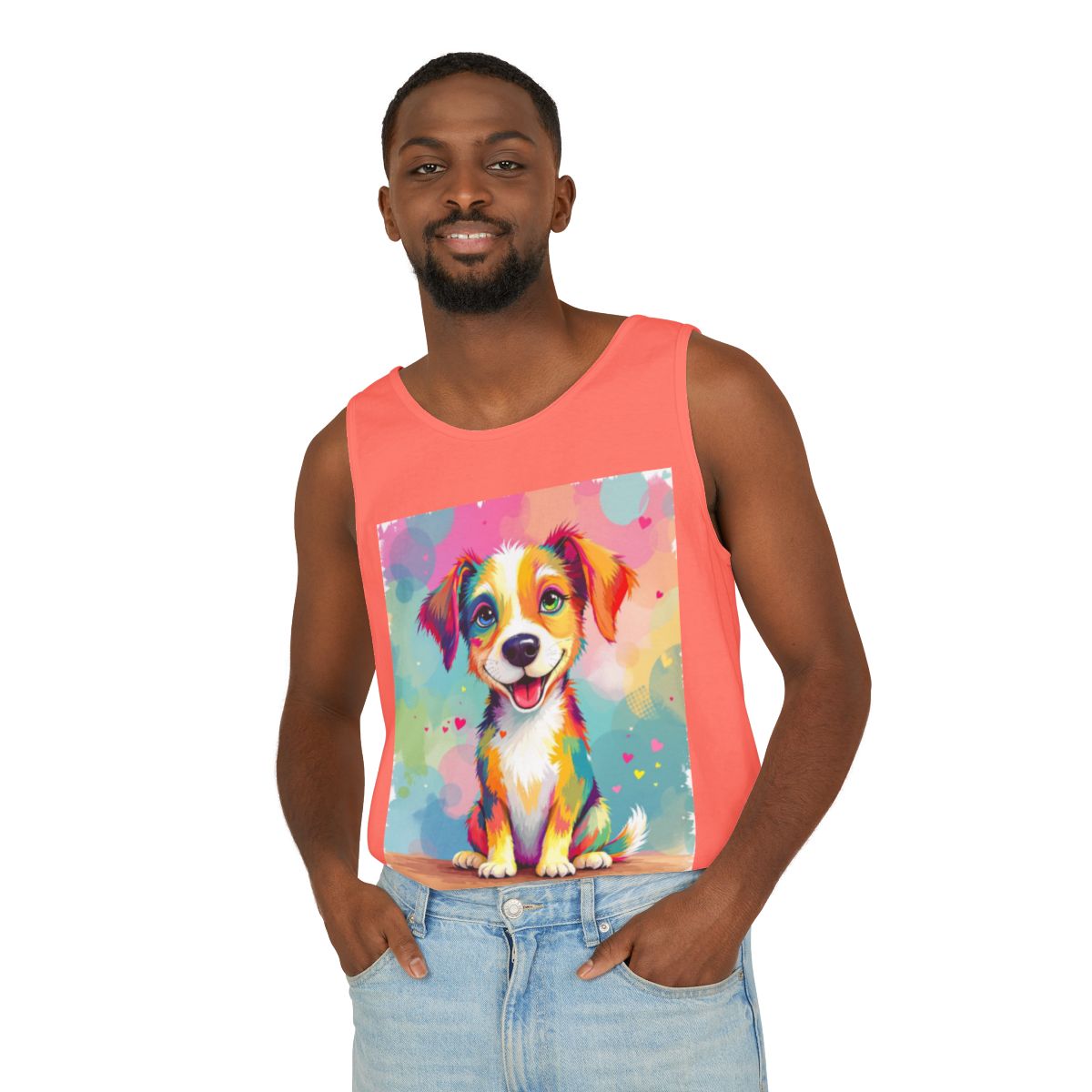 Color: Neon Red Orange | Size: XS | Product: Playful Dog Illustration Tanktop | Category: Unisex