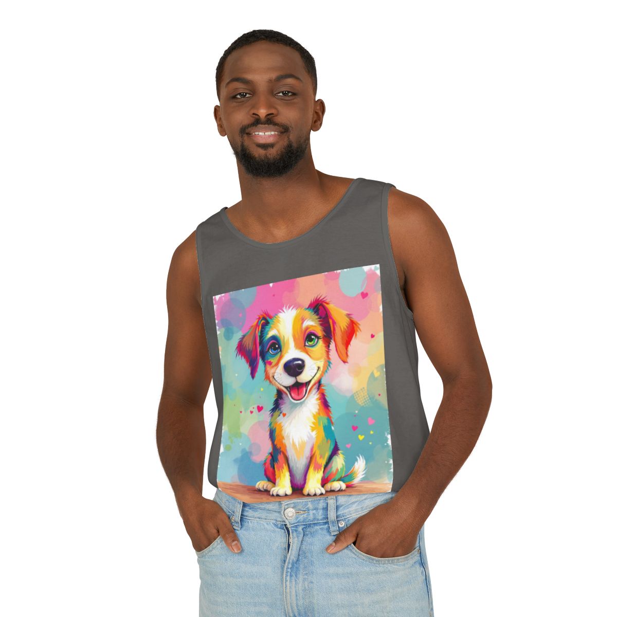 Color: Pepper | Size: S | Product: Playful Dog Illustration Tanktop | Category: Unisex