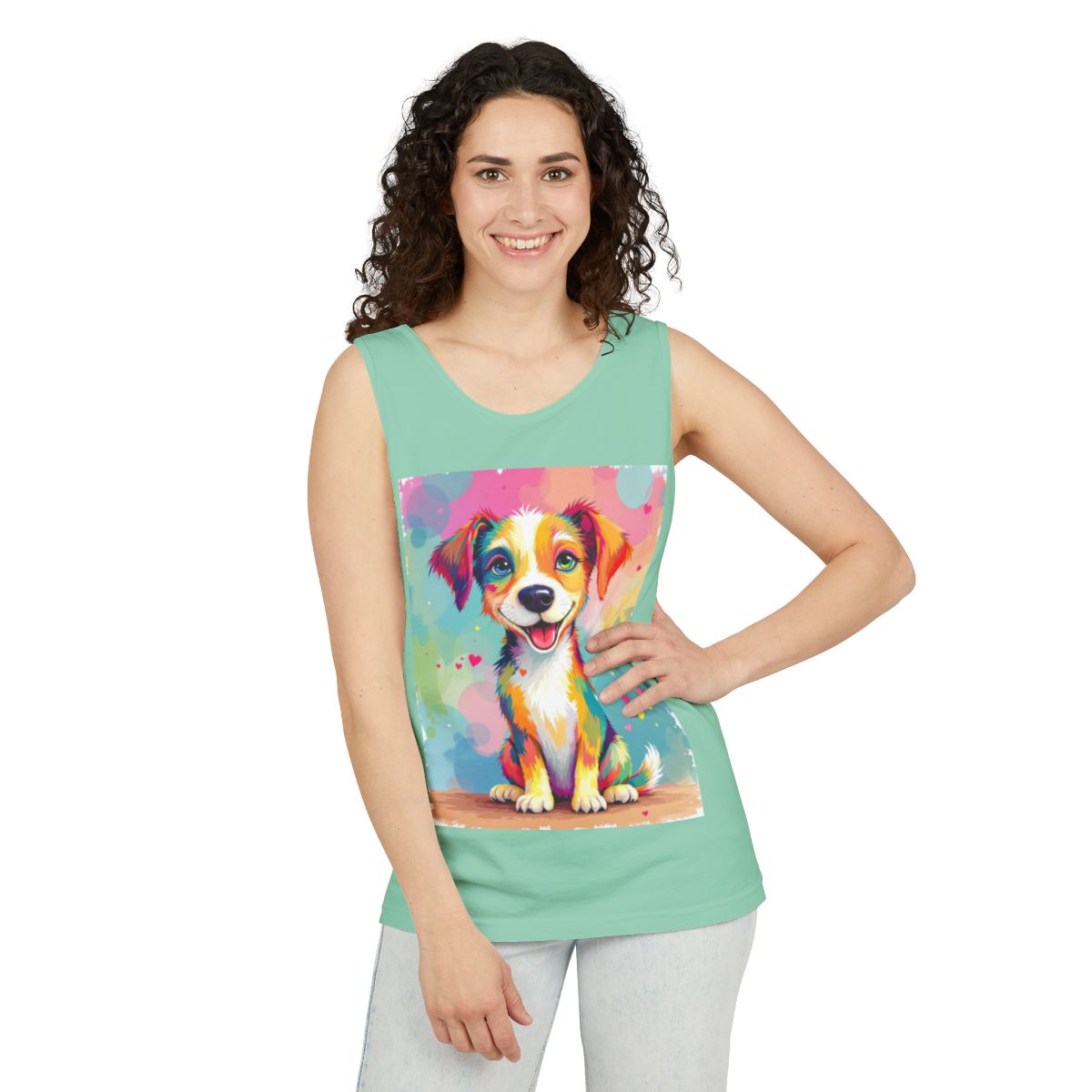 Color: Island Reef | Size: XS | Product: Playful Dog Illustration Tanktop | Category: Unisex