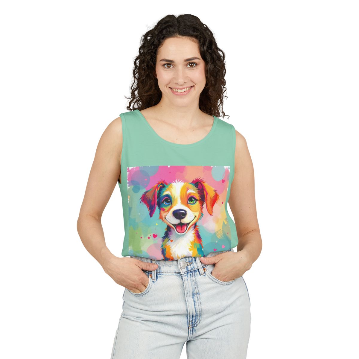 Color: Island Reef | Size: XS | Product: Playful Dog Illustration Tanktop | Category: Unisex