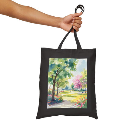 Color: Black | Size: 15" x 16" | Product: Serene Park Watercolor Tote Bag | Category: Unisex