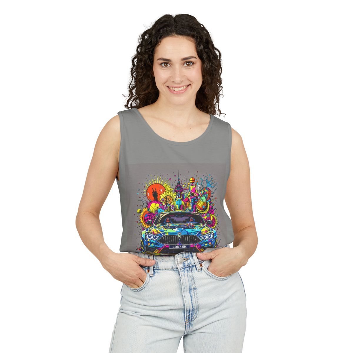 Color: Granite | Size: S | Product: Stylized Car Design Tanktop | Category: Unisex