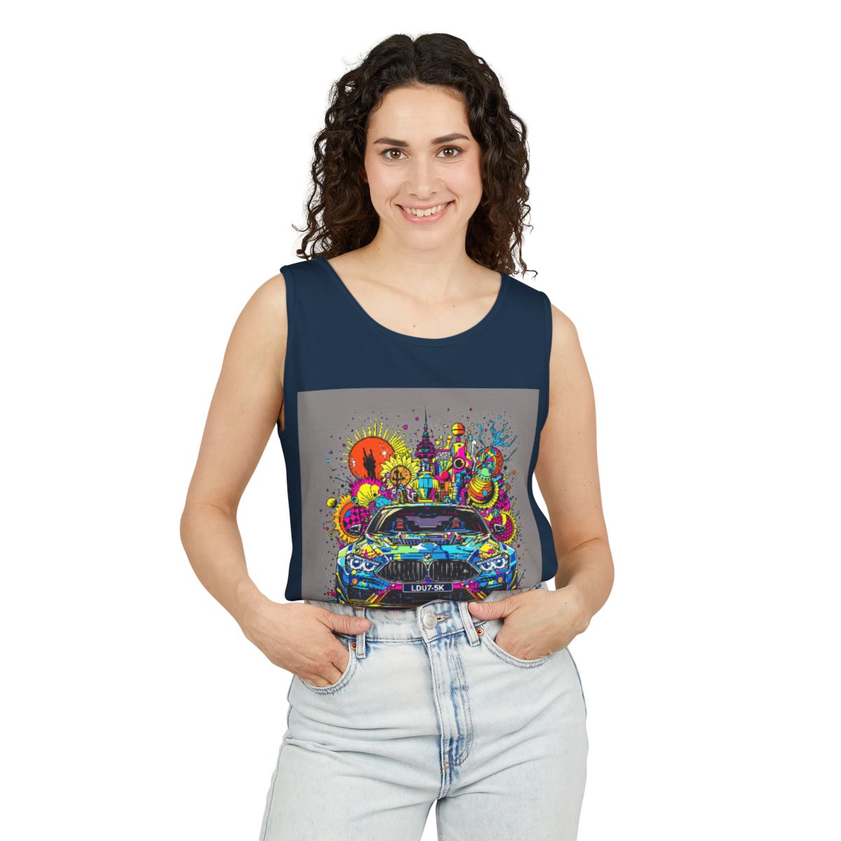 Color: True Navy | Size: S | Product: Stylized Car Design Tanktop | Category: Unisex
