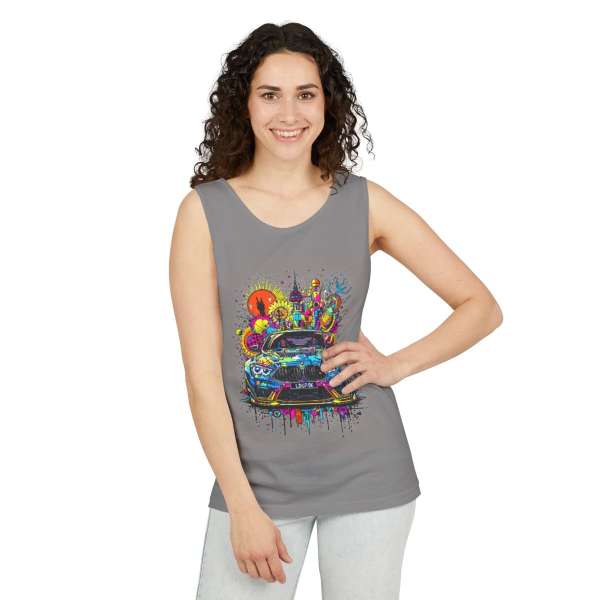 Color: Grey | Size: S | Product: Stylized Car Design Tanktop | Category: Unisex