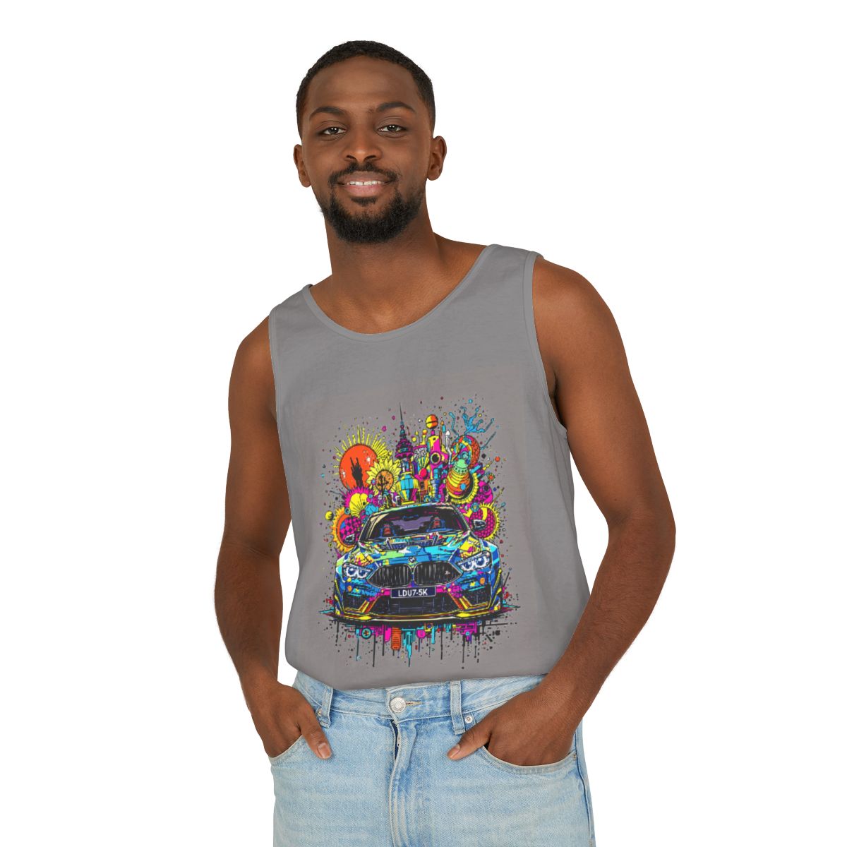 Color: Grey | Size: S | Product: Stylized Car Design Tanktop | Category: Unisex