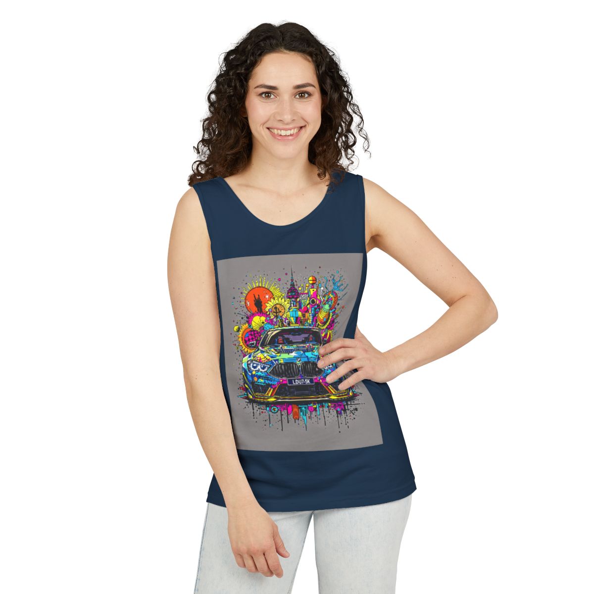 Color: True Navy | Size: S | Product: Stylized Car Design Tanktop | Category: Unisex